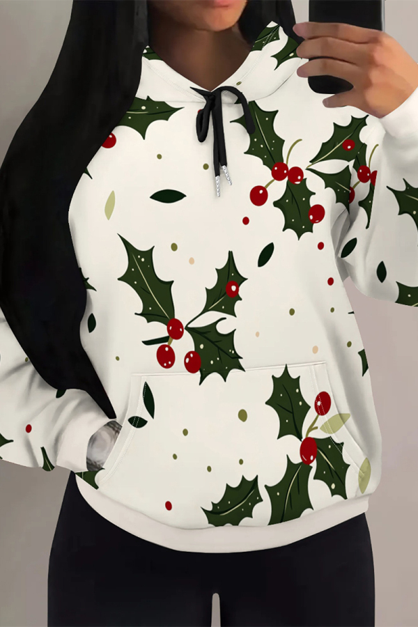 Cream White Casual Street Fruit Print Draw String Pocket Contrast Hooded Tops