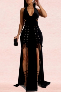 Black Sexy Hot Solid Color Backless Slit Belted Halter Long Dresses