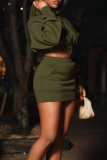 Green Casual Solid Color Pocket Hooded Long Sleeve Two Pieces