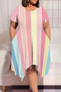 Blue Pink Casual Colorblock Patchwork O Neck Irregular Plus Size Dresses
