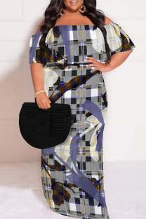 Blue Gray Sexy Plaid Floral Print Letters Ruffle Contrast Off Shoulder Printed Plus Size Dresses
