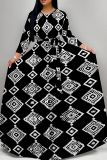Orange Blue Casual Print Patchwork Strap Design O Neck Long Dresses