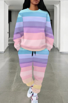 Blue Purple Casual Print Draw String Pocket Patchwork O Neck Long Sleeve Two Pieces