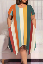 Multicolor Casual Colorblock Patchwork O Neck Irregular Plus Size Dresses
