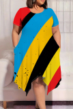 Black Green Casual Colorblock Patchwork O Neck Irregular Plus Size Dresses