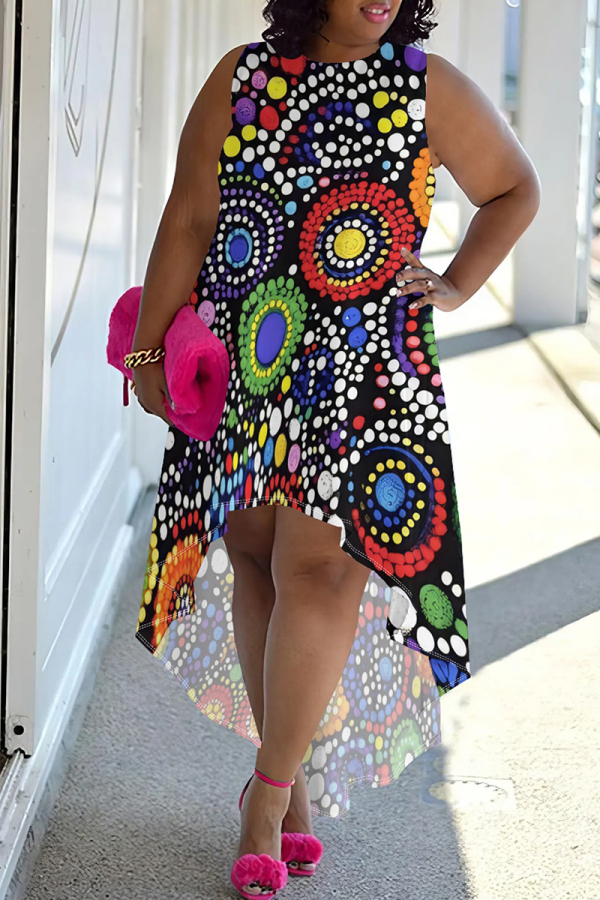 Black Red Casual Print Patchwork O Neck Irregular Plus Size Dresses