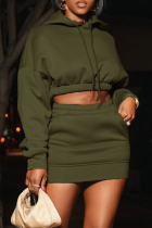 Green Casual Solid Color Pocket Hooded Long Sleeve Two Pieces