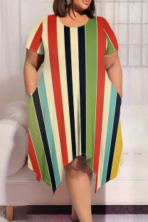 Black Green Casual Colorblock Patchwork O Neck Irregular Plus Size Dresses