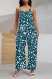 Multi-color Casual Street Geometric Print Pocket Belted Contrast V Neck Loose Jumpsuits