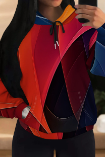 Red Blue Casual Print Draw String Pocket Patchwork Hooded Tops