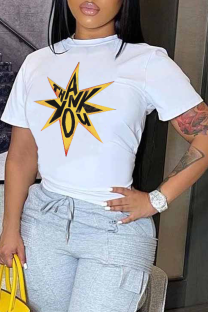 White Casual The stars Letter Print O Neck T-Shirts