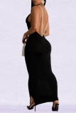 Black Sexy Elegant Solid Color Backless Slit Pearls Decor Spaghetti Strap Long Dresses