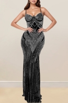 Black Sexy Elegant Patchwork Hot Drilling Backless Spaghetti Strap Long Dresses