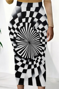 Black And White Casual Print Patchwork Regular Mid Waist Full Print Bottoms