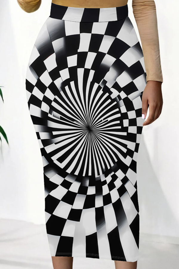 Black And White Casual Print Patchwork Regular Mid Waist Full Print Bottoms
