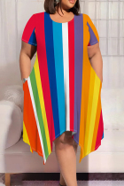 Red Blue Casual Colorblock Patchwork O Neck Irregular Plus Size Dresses