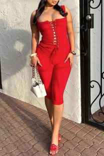 Red Sexy Solid Color Patchwork Backless Cross Straps Square Neck Two Pieces