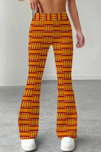 Orange Red Casual Print Patchwork Regular Mid Waist Speaker Full Print Bottoms
