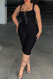 Black Sexy Solid Color Patchwork Backless Cross Straps Square Neck Two Pieces