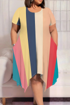 Grayish Yellow Casual Colorblock Patchwork O Neck Irregular Plus Size Dresses