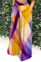 Purple Orange Casual Print Pocket Patchwork Loose High Waist Wide Leg Full Print Bottoms