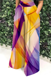 Purple Orange Casual Print Pocket Patchwork Loose High Waist Wide Leg Full Print Bottoms