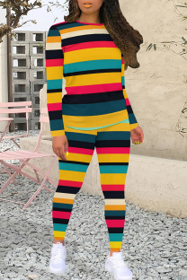 Blue Yellow Casual Print Patchwork O Neck Long Sleeve Two Pieces