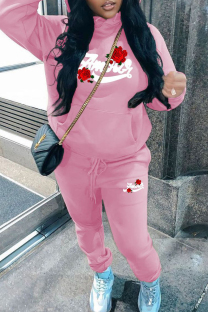Pink Casual Print Draw String Pocket Patchwork Hooded Long Sleeve Two Pieces