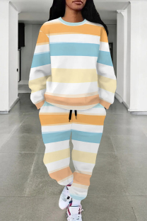 Orange White Casual Print Draw String Pocket Patchwork O Neck Long Sleeve Two Pieces