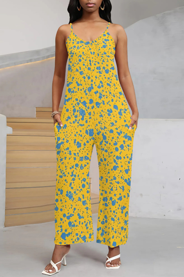 Yellow Casual Street Geometric Print Pocket Belted Contrast V Neck Loose Jumpsuits