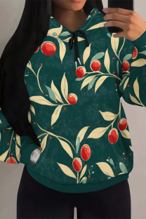 Green Casual Street Fruit Print Draw String Pocket Contrast Hooded Tops