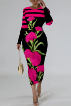 Black Red Casual Street Floral Print Contrast O Neck Printed Dresses