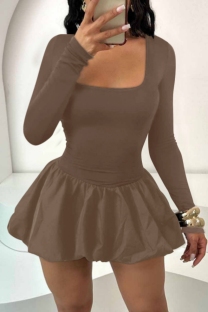 Khaki Casual Solid Color Basic U Neck Long Sleeve Dresses