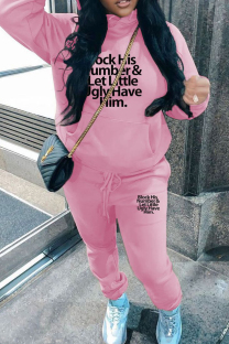 Pink Casual Letters Draw String Pocket Patchwork Hooded Long Sleeve Two Pieces