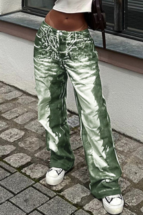 Green Casual Print Buttons Patchwork Loose Mid Waist Straight Full Print Bottoms