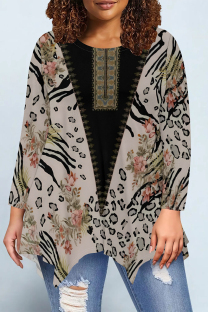 Black khaki Casual Daily Floral Print Irregular Contrast O Neck Tops
