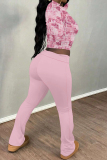 Pink Casual Street Plaid Stripe Gradient O Neck Long Sleeve Two Pieces