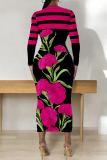 Black Gray Casual Street Floral Print Contrast O Neck Printed Dresses