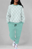 Mint green Casual Street Plaid Ombre Print Pocket Lace Up Contrast O Neck Long Sleeve Two Pieces
