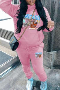 Pink Casual Print Draw String Pocket Patchwork Hooded Long Sleeve Two Pieces