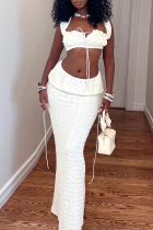 White Elegant Solid Color Patchwork Backless Strap Design Asymmetrical Collar Two Pieces