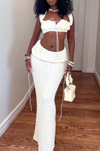 White Elegant Solid Color Patchwork Backless Strap Design Asymmetrical Collar Two Pieces
