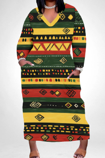 Green Yellow Casual Print Pocket Patchwork V Neck Long Plus Size Dresses