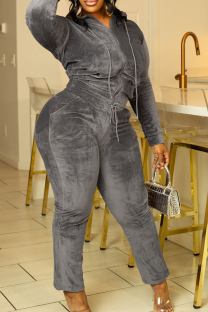 Grey Casual Solid Color Draw String Pocket Patchwork Zipper Zipper Collar Long Sleeve Two Pieces