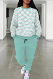 Mint green Casual Street Plaid Ombre Print Pocket Lace Up Contrast O Neck Long Sleeve Two Pieces