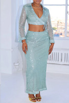 Green Sexy Party Patchwork Sequins Belted V Neck Long Sleeve Two Pieces