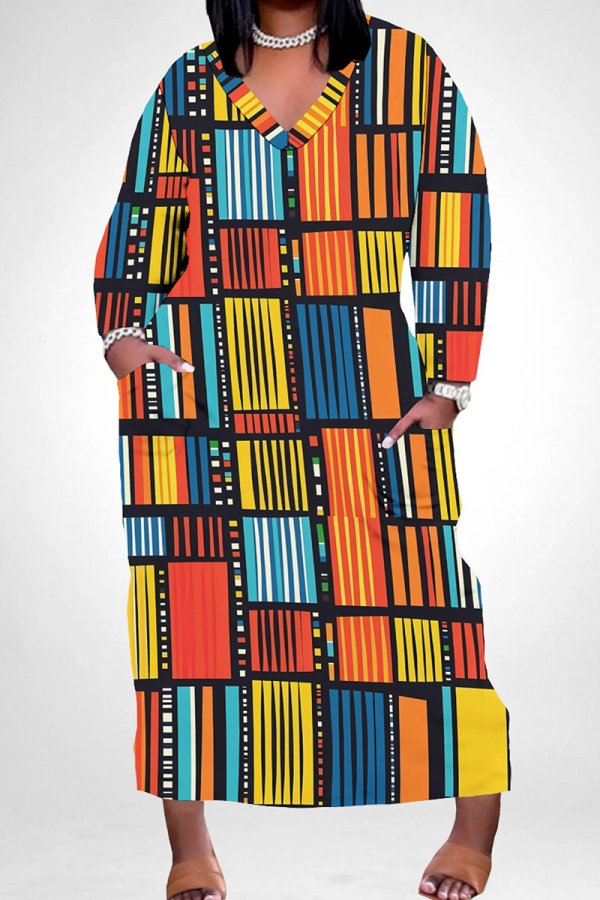 Yellow And Blue Casual Print Pocket Patchwork V Neck Long Plus Size Dresses