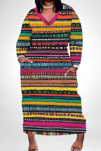 Purple Casual Print Pocket Patchwork V Neck Long Plus Size Dresses