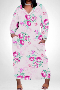 Peach Casual Daily Floral Print Pocket Contrast V Neck Printed Plus Size Dresses
