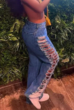 Blue Casual Solid Color Ripped Pocket Patchwork Mid Waist Loose Denim Jeans